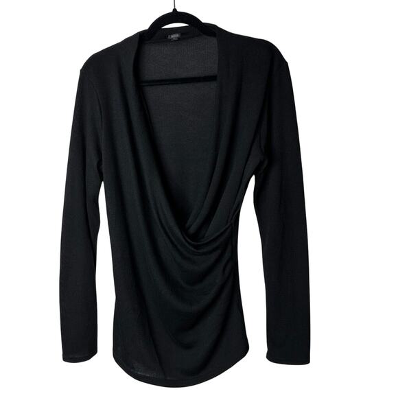 Aziz Jet Black Slinky Faux Wrap Deep VNeck Long Sleeve Sweater Jumper Top L - Picture 1 of 9
